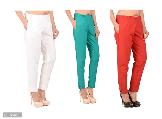 Ruhfab Women Regular Fit Casual Trouser Pants Cotton Flex Slim Fit Straight for Girls/Ladies/Women (Combo Saver Pack of 3/White_Red_C-Green)