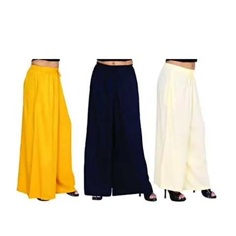 Attractive Solid Cotton Blended Flared Palazzos For Women Pack Of 3