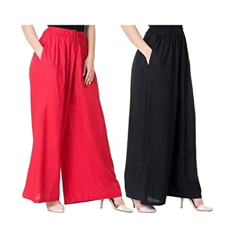 Attractive Solid Cotton Blended Flared Palazzos For Women Pack Of 2