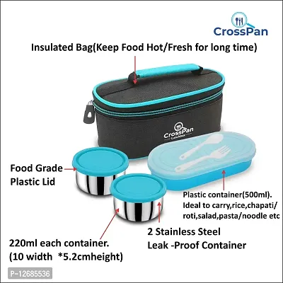 CrossPan Double Decker Executive Lunch/Tiffin Box (2 SS Container,1 Microwave Safe Container) (Blue)-thumb4