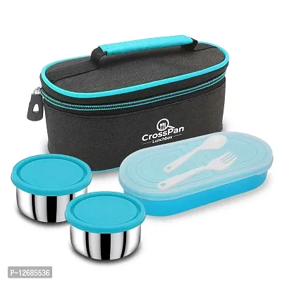 CrossPan Double Decker Executive Lunch/Tiffin Box (2 SS Container,1 Microwave Safe Container) (Blue)