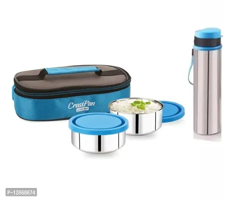 Classy Stainless Steel Lunch Box With Sleek Bottle 280 Ml Each Ss Containers 700 Ml Bottle-thumb0