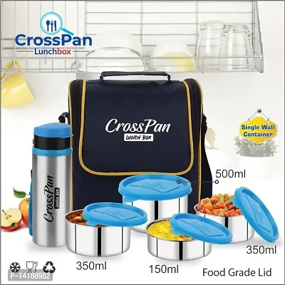 CrossPan Signature Compact Leakproof Stainless Steel Lunch Box / Tiffin Box with 4 Containers and Sleek Water Bottle