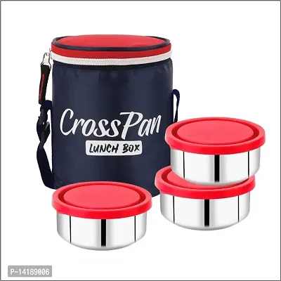 Cross Pan Stylo Leak Proof 3 Containers Stainless Steel Lunch Box Tiffin Box Red