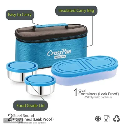 Cross Pan Zenith Stainless Steel Lunch Box 3 Containers Insulated Bag Blue Color-thumb3