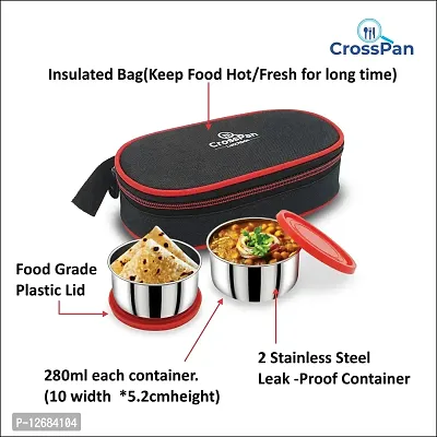 CrossPan FreshMeal Stainless Steel Lunch Box (2 Containers -Red )  Sleek Insulated Water Bottle (600ml)-thumb4