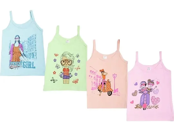 The Tinge SIRTEX Kids Girls Hosiery Cotton Printed Slips Camisoles for Kids Girls|Kids Innerwear (Pack of 4)