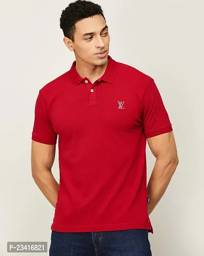 Elegant Red Cotton Blend Solid Polos For Men