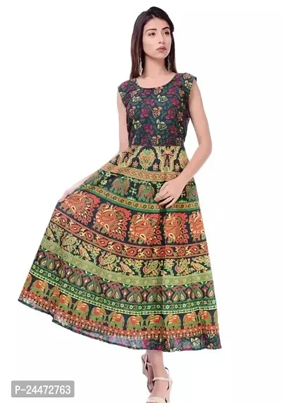 Stylish Green Cotton Printed Dresses For Women