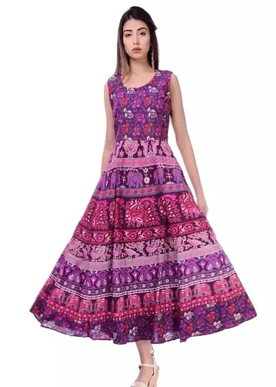 ART WORLD Women's Cotton Rajasthani Jaipuri Floral Printed Long midi one Piece Dress