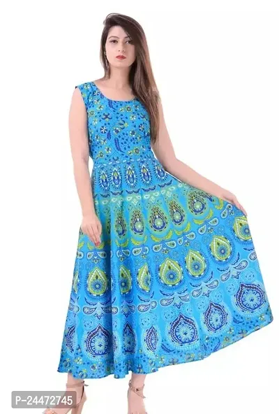 Stylish Blue Cotton Printed Dresses For Women-thumb0