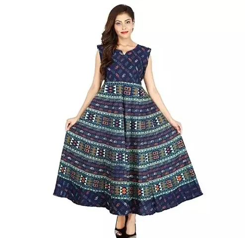 Kuruti B sheets Brand Women's Designer Midi-Dress Rajasthani Traditional Cotton Printed Dress (SMLELE-NB) Navy Blue