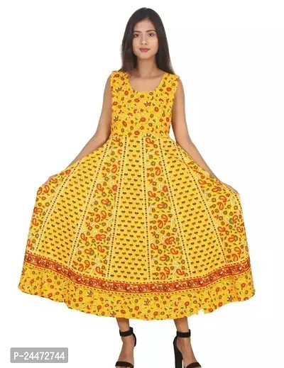 Stylish Yellow Cotton Printed Dresses For Women-thumb0