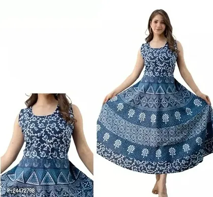 Stylish Dark Blue Cotton Printed Dresses For Women-thumb0