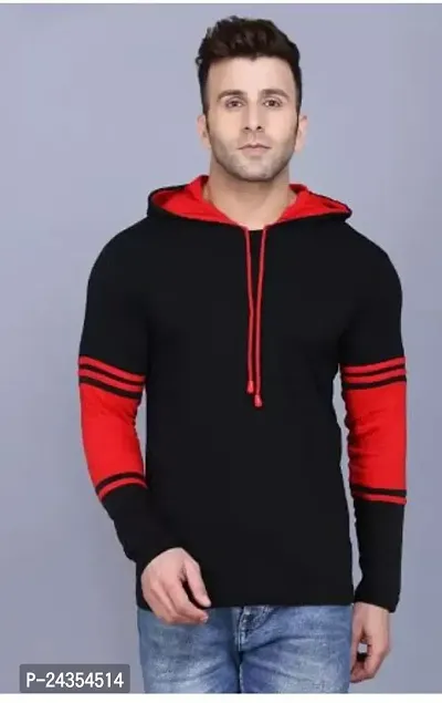 Elegant Cotton Blend Self Pattern Hooded Tees For Men-thumb0