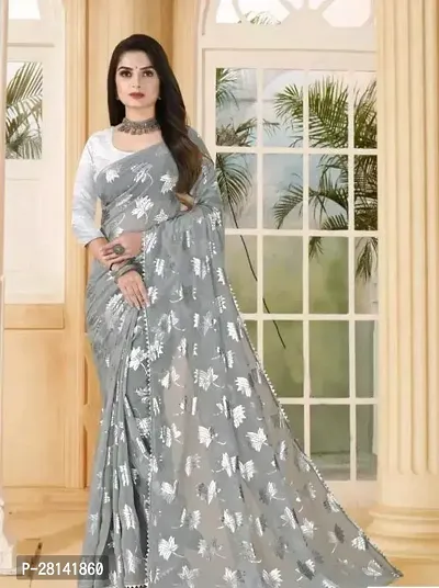 Stylish Georgette Grey Printed Saree with Blouse piece-thumb0