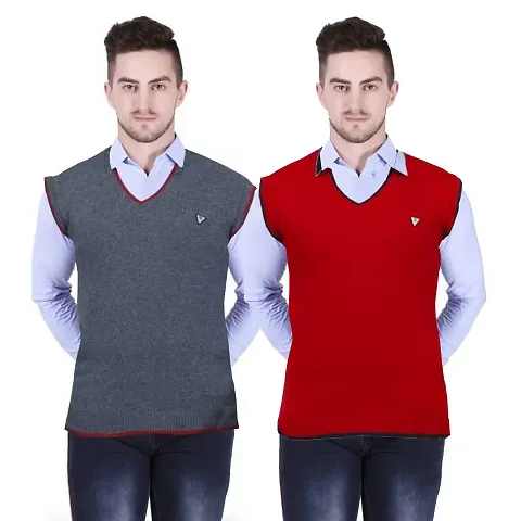 Stylish Wool Solid Sleeveless Sweater For Men Pack Of 2