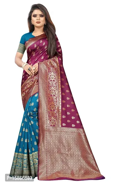 Stylish Banarasi Jacquard Silk Wine And Turquoise Saree with Blouse piece-thumb0