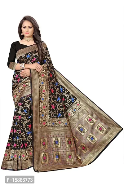 Stylish Banarasi Jacquard Silk Black And Golden Saree with Blouse piece