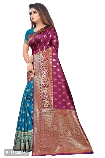 Stylish Banarasi Jacquard Silk Wine And Turquoise Saree with Blouse piece-thumb2