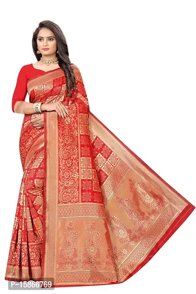 Stylish Banarasi Jacquard Silk Red And Golden Saree with Blouse piece