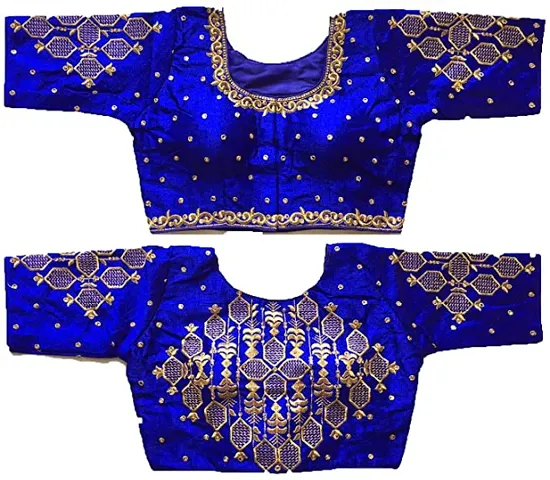 Pujia Mills Women's Multicolor phanotm Silk Heavy Embroidery Gold Hand Work Readymade Saree Blouse