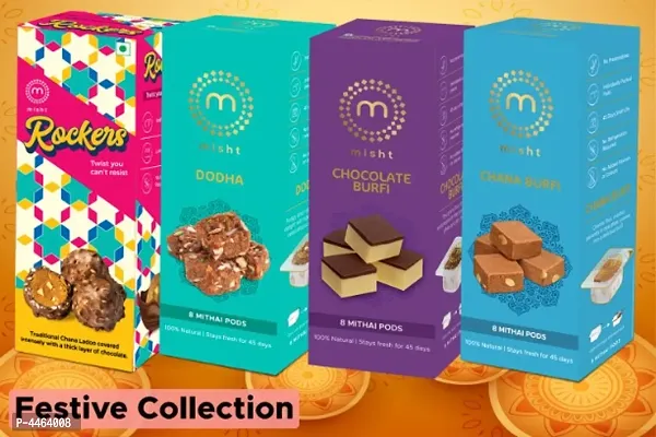 Misht Preservatives Free Sweets - Special Edition - Festive Collection (Dodha Burfi-210g+Rockers( Chocolate ladoo)-175g+Chana Burfi-210g+ Chocolate Burfi-210g).