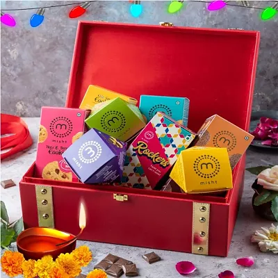 Misht Mithai Delight Diwali Hamper ( 1 Premium  Beautiful Gift Box,  1 Kaju Katli 210gm, 1 Milk Cake 210gm, 1 Peda 210gm, 1 Rockers 180gm, 1 Chana Barfi 210gm,1 Dodha 210gm, 1 Besan Barfi 210gm)