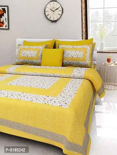 YonoCart&#8482; Pure Cotton Printed Jaipuri Double Bedsheet with 2 Pillow Covers (Yellow with Multi)-thumb0