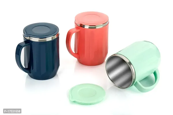 Multi color Stainless Steel Coffee Cup with Sipper Lid (Plastic Outer) Stainless Steel, Plastic Coffee Mug (300 ml) Pack of 4-thumb2