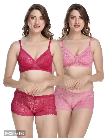 Stylish Net Multicoloured Bra And Panty Set For Women Pack Of 2