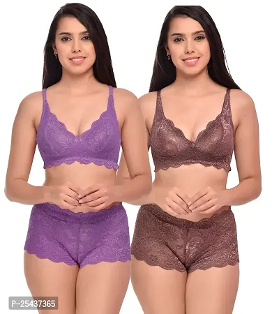 Stylish Net Multicoloured Bra And Panty Set For Women Pack Of 2-thumb0