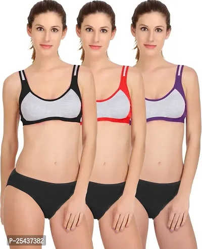 Stylish Cotton Multicoloured Bra And Panty Set For Women Pack Of 3-thumb0