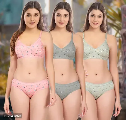 Stylish Cotton Multicoloured Bra And Panty Set For Women Pack Of 3