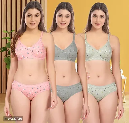 Stylish Cotton Multicoloured Bra And Panty Set For Women Pack Of 3-thumb0