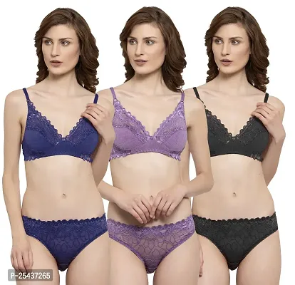 Stylish Net Multicoloured Bra And Panty Set For Women Pack Of 3-thumb0