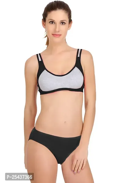 Stylish Cotton Black Bra And Panty Set For Women-thumb0