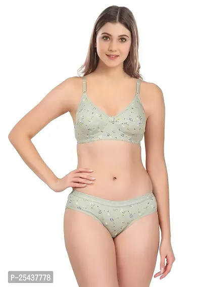 Stylish Cotton Green Bra And Panty Set For Women-thumb0