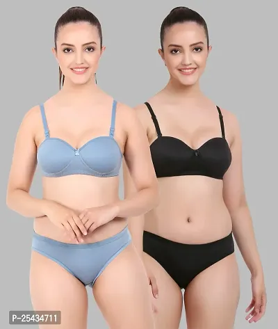 Stylish Cotton Multicoloured Bra And Panty Set For Women Pack Of 2-thumb0