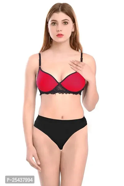 Stylish Cotton Red Bra And Panty Set For Women-thumb0