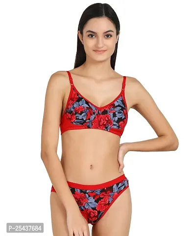 Stylish Cotton Red Bra And Panty Set For Women