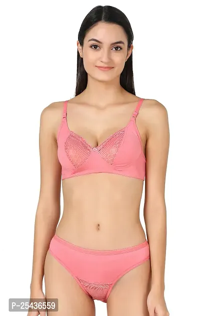 Stylish Cotton Pink Bra And Panty Set For Women-thumb0