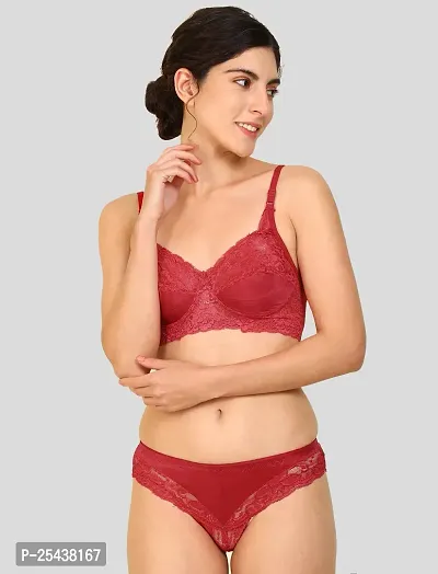 Stylish Cotton Red Bra And Panty Set For Women-thumb0