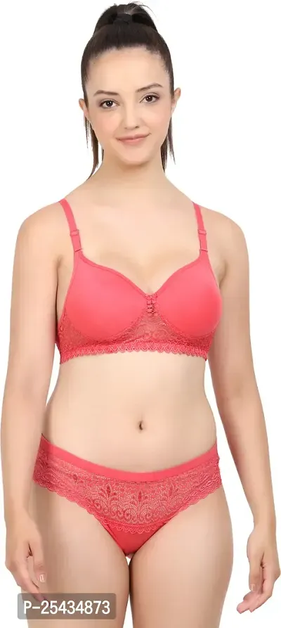 Stylish Cotton Red Bra And Panty Set For Women-thumb0