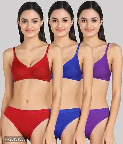 Stylish Cotton Multicoloured Bra And Panty Set For Women Pack Of 3-thumb0