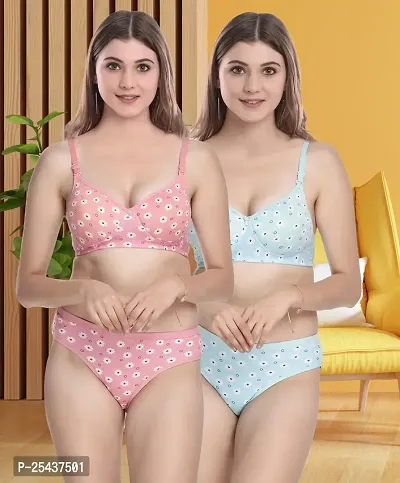 Stylish Cotton Multicoloured Bra And Panty Set For Women Pack Of 2-thumb0