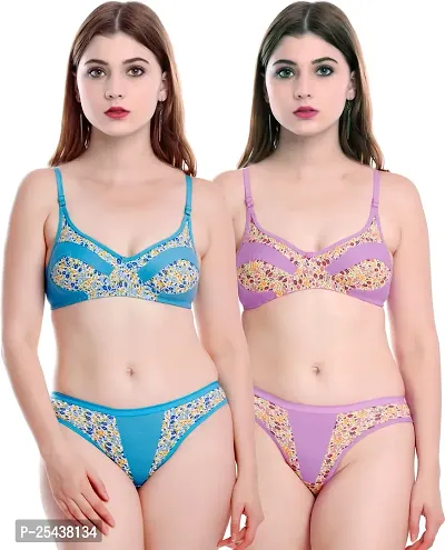 Stylish Cotton Multicoloured Bra And Panty Set For Women Pack Of 2-thumb0