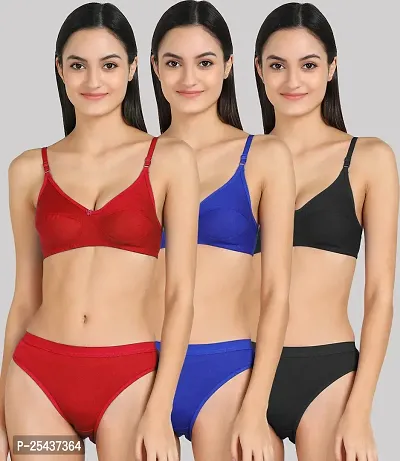 Stylish Cotton Multicoloured Bra And Panty Set For Women Pack Of 3-thumb0