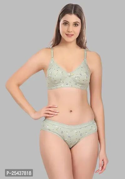 Stylish Cotton Green Bra And Panty Set For Women-thumb0