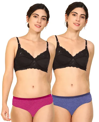 Elegant Self Pattern Bras And Panty Set For Women- Pack Of 2